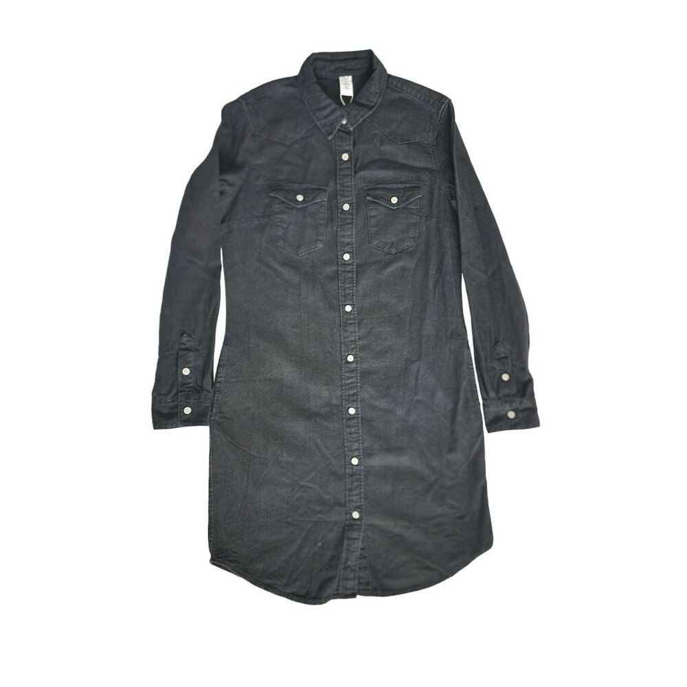 & Denim Black Dark Wash Denim Button Front Long Sleeve Shirt Dress Size 0/ XS - Picture 2 of 12